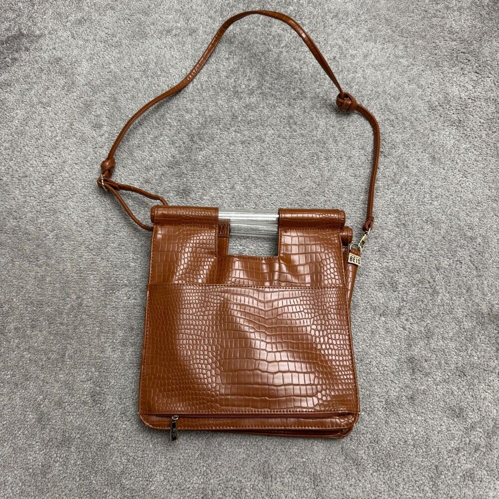 BÉIS The Crossbody Bag Croc Embossed Vegan Leather Clear Handle Cognac Brown